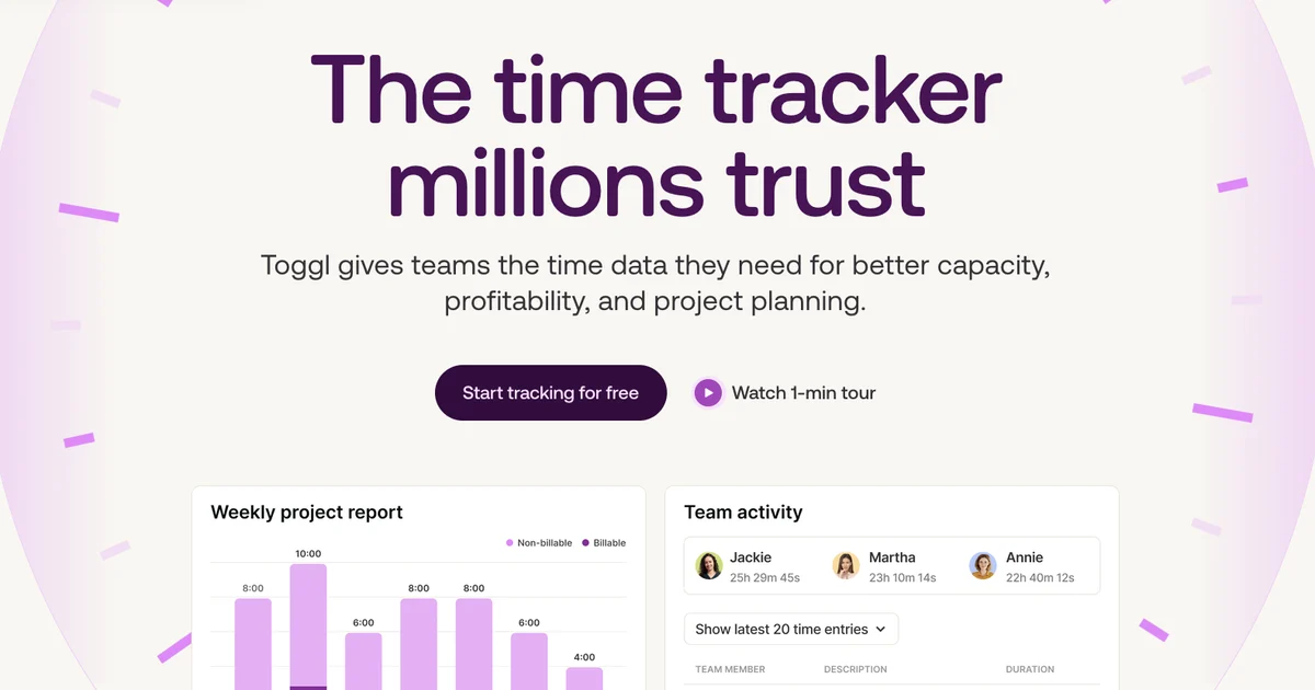 Toggl Track time tracking dashboard showing timer and projects