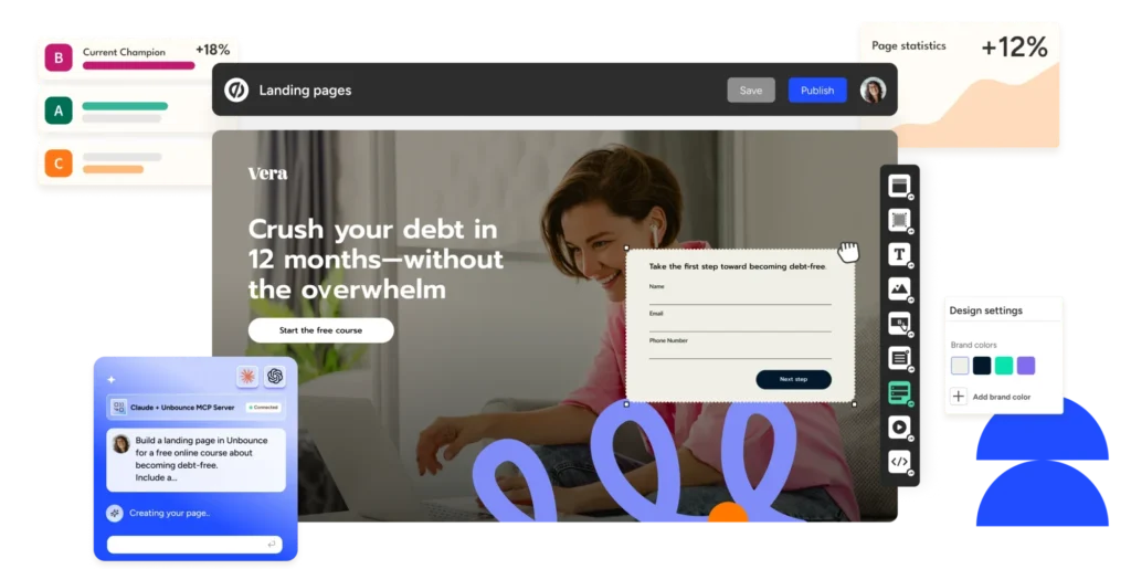 Unbounce landing page builder drag-and-drop editor interface