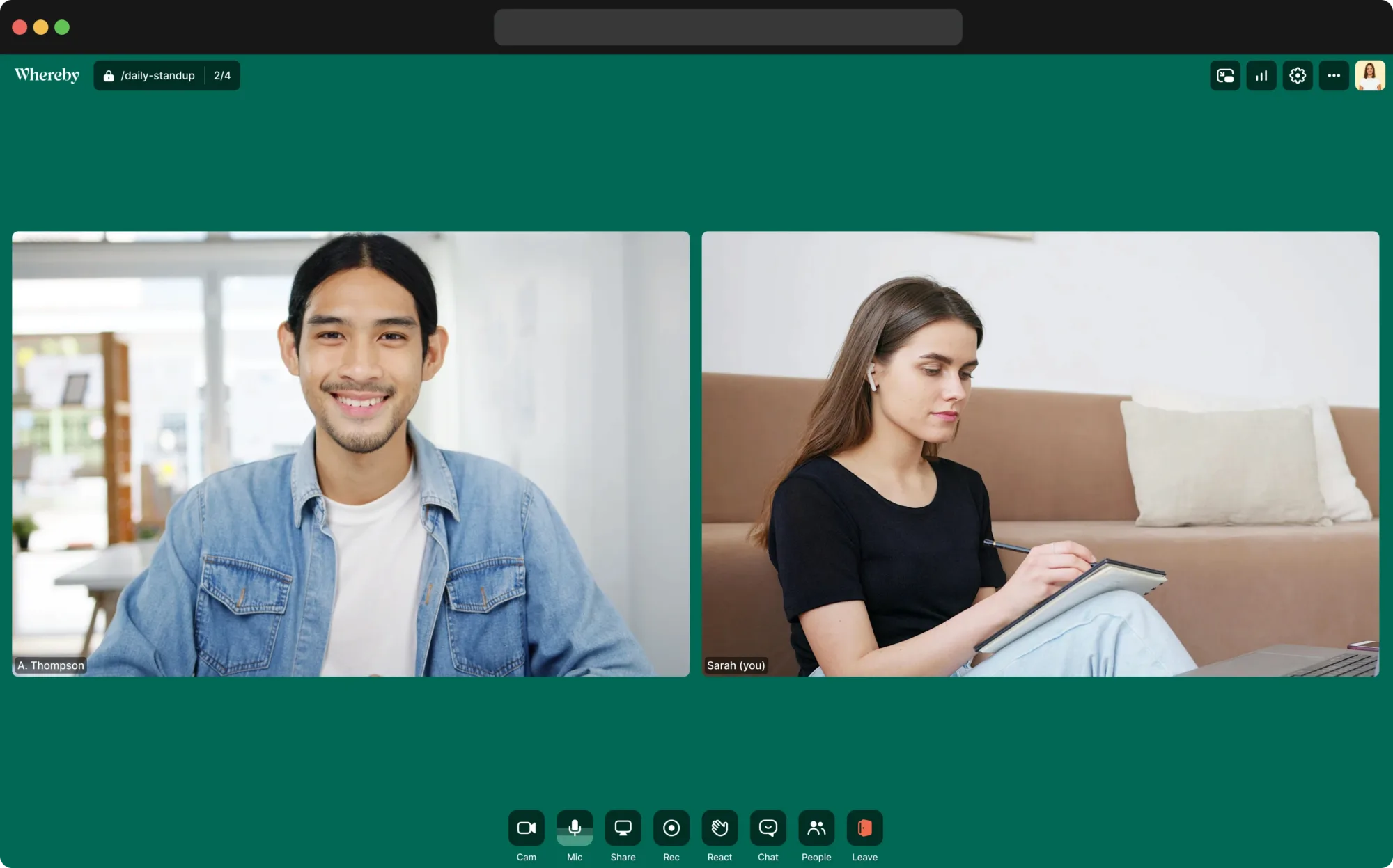 Whereby video meeting interface in a browser with no download required