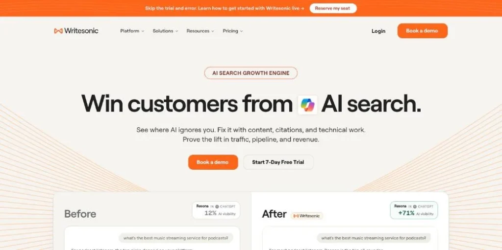 Writesonic homepage showing AI content generation features