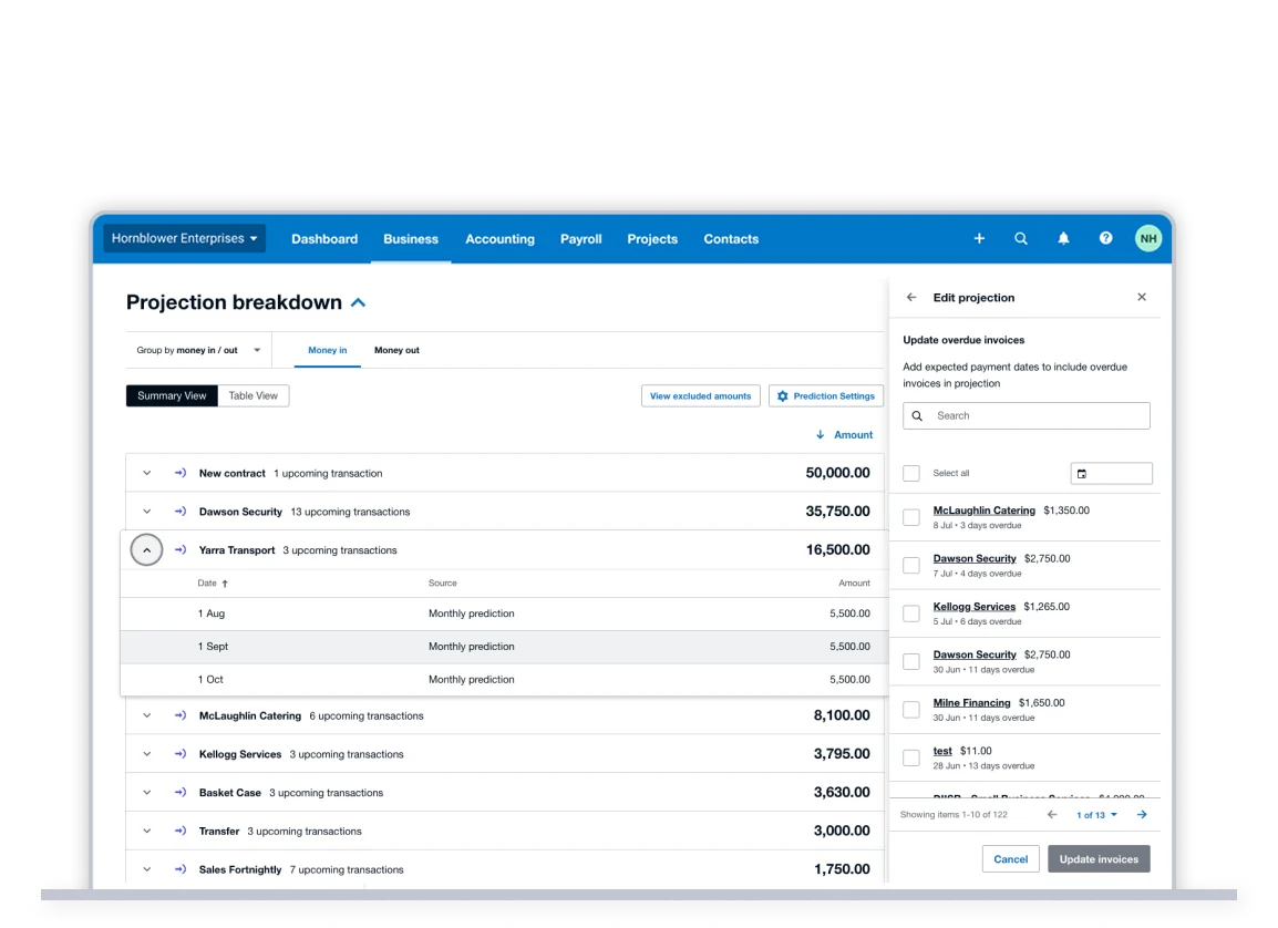Xero short-term cash flow projection showing bills to pay and invoices owed breakdown — October 2026