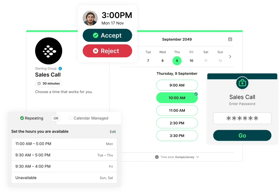 YouCanBookMe availability customization settings showing days, hours and buffer time controls