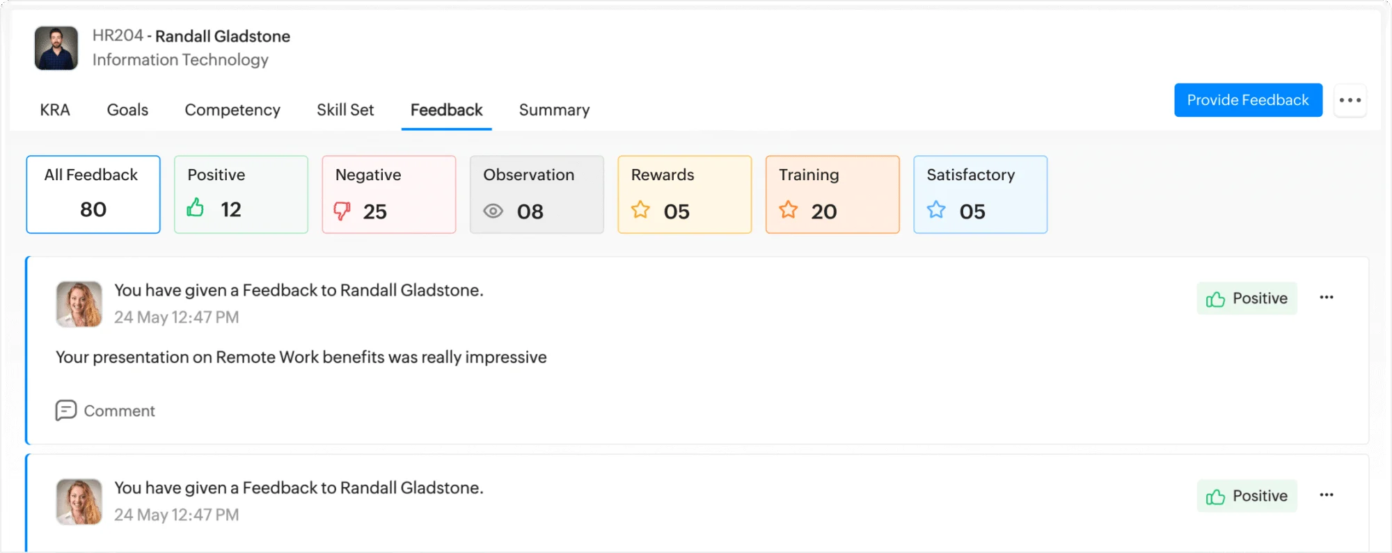 Zoho People performance evaluation and employee feedback dashboard